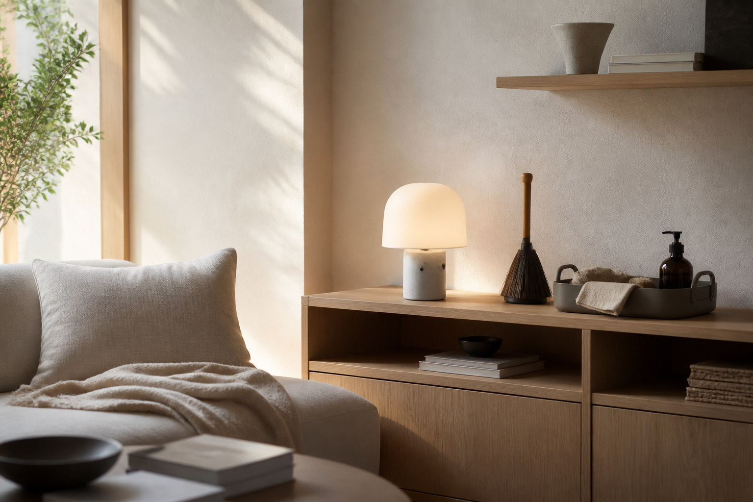 Warm living space with practical lighting, storage and home-care objects