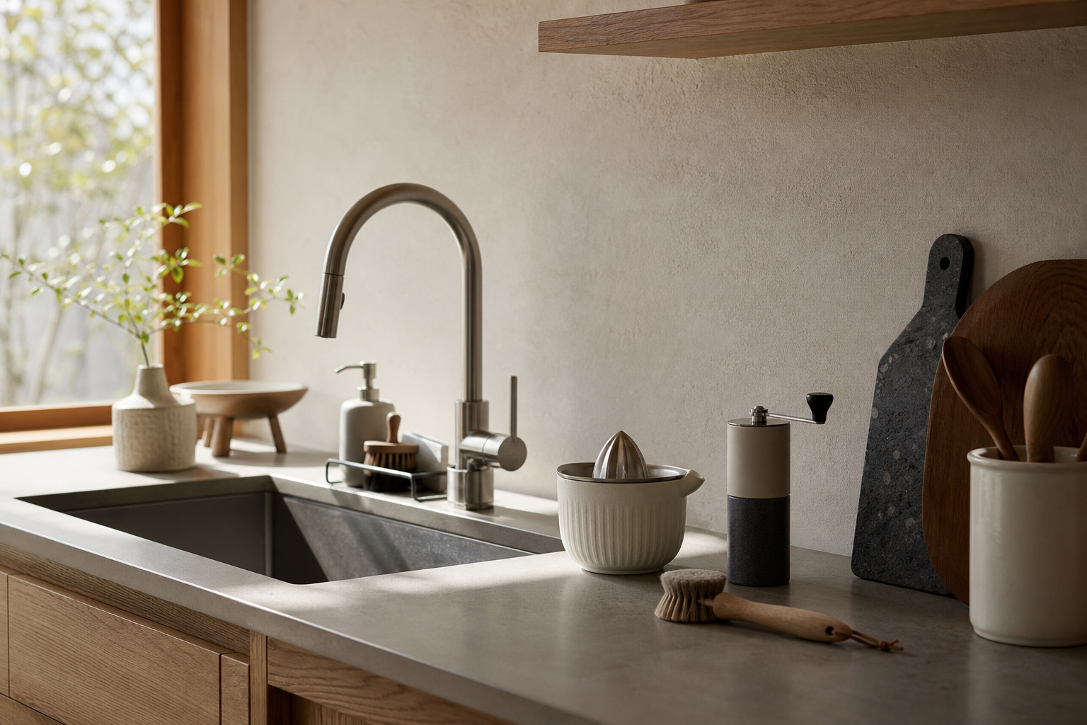 Warm practical kitchen with faucet, juicer, grinder and cleaning tools