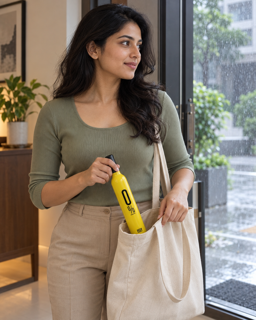 Woman carrying compact yellow bottle-case umbrella beside a rainy doorway