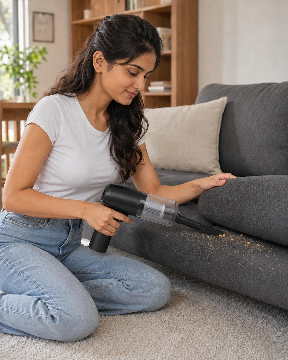 Fit young woman using compact cordless handheld vacuum to clean dusty sofa seams
