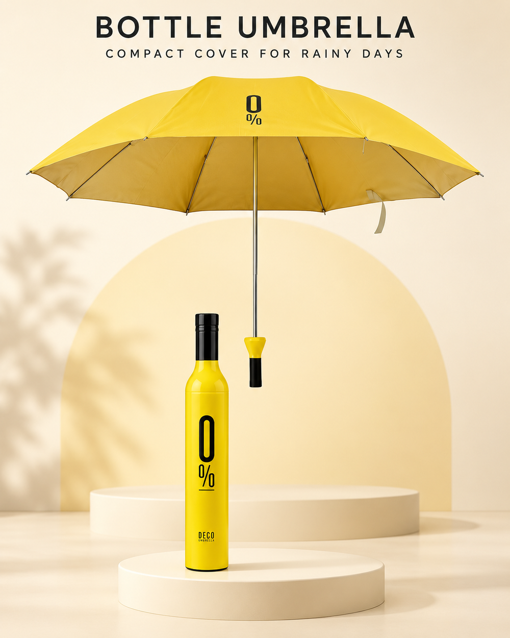 Yellow bottle umbrella shown open with matching closed bottle case