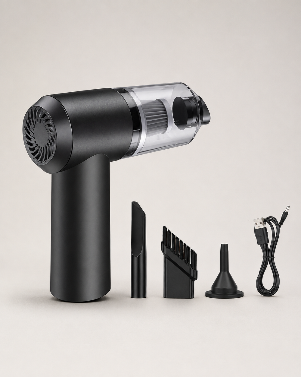 Compact cordless handheld vacuum with crevice nozzle brush blower and USB charging cable