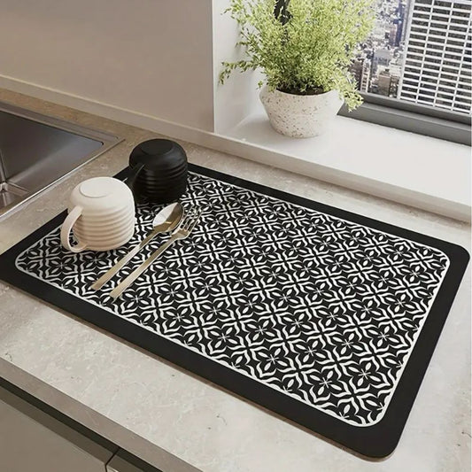 Moza | Fast-Drying Absorbent Dish Mat With Non-Slip Rubber Backing | Patterned Design