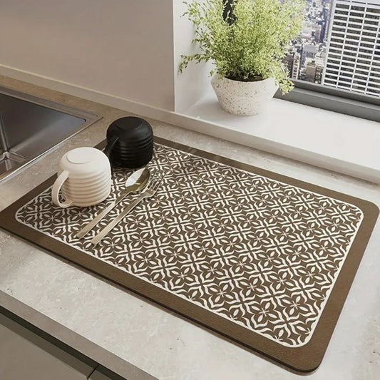 Moza | Fast-Drying Absorbent Dish Mat With Non-Slip Rubber Backing | Patterned Design