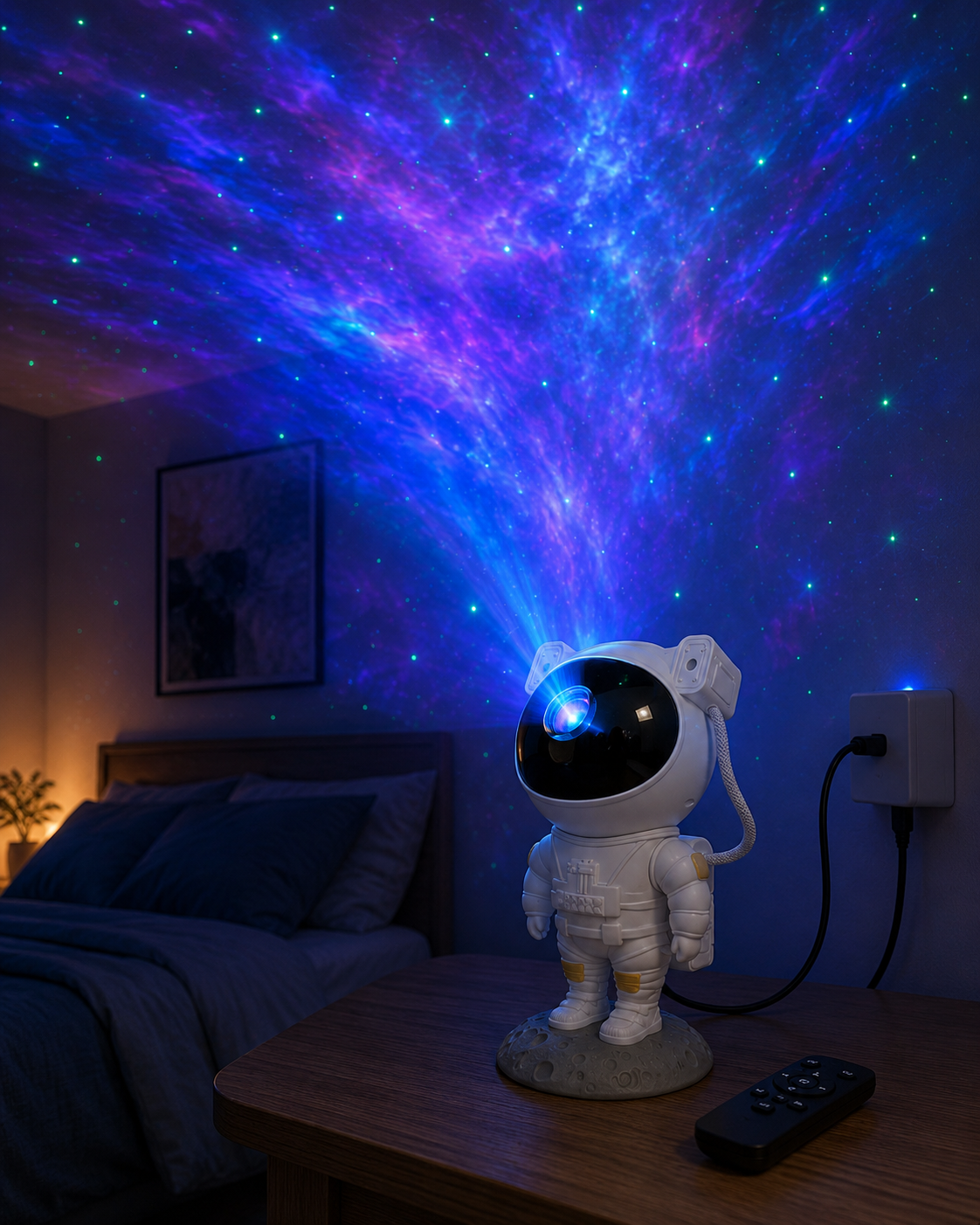 Astronaut galaxy projector connected and casting nebula stars in a bedroom