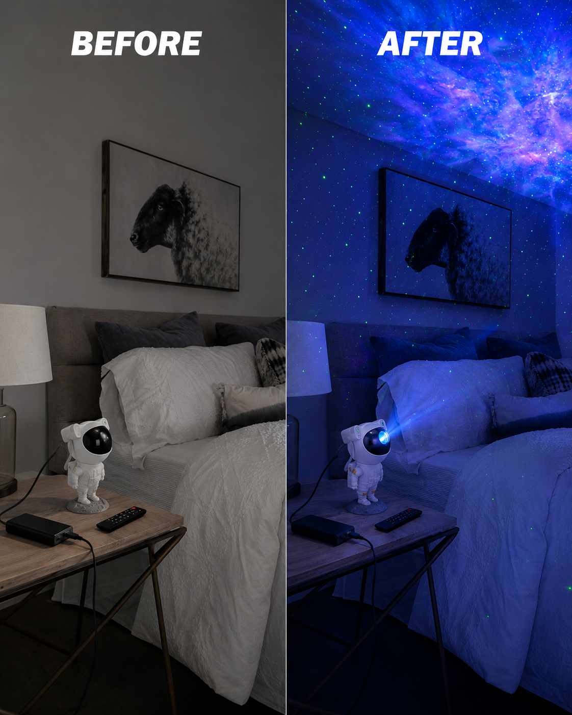 Before and after with the astronaut projector visibly connected to USB power
