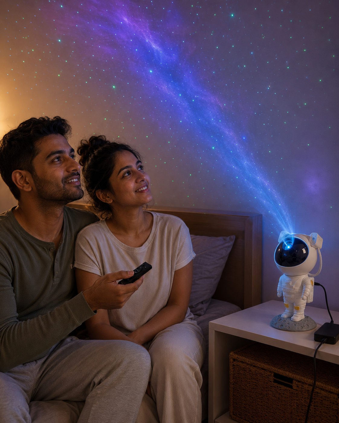 Natural couple enjoying the connected astronaut galaxy projector