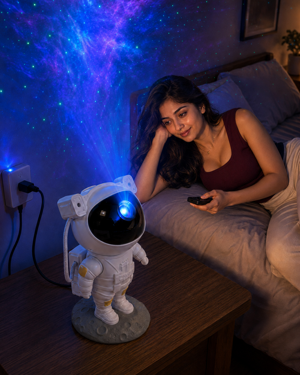 25-year-old woman enjoying the connected astronaut galaxy projector