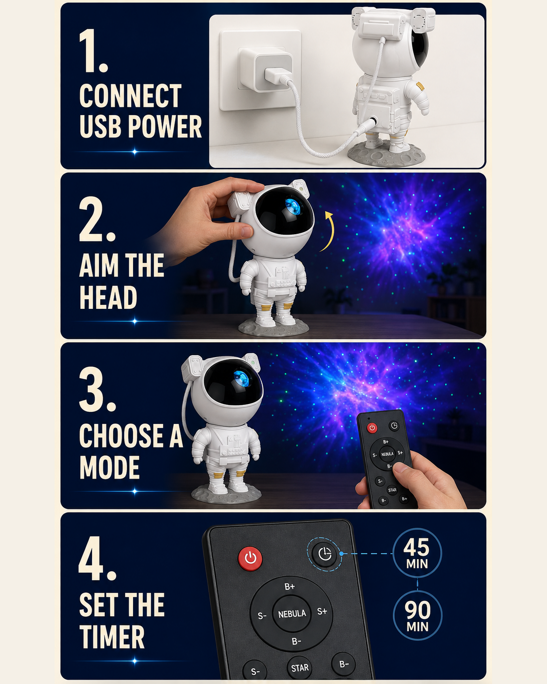 How to connect, aim and control the astronaut galaxy projector