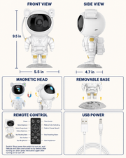 Astronaut galaxy projector size, adjustable magnetic head, remote and USB power details