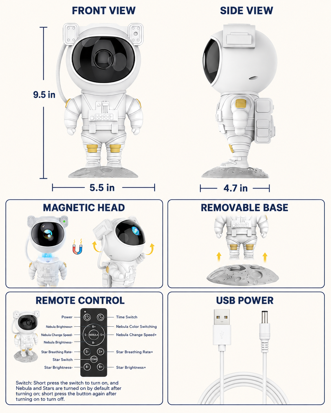 Astronaut galaxy projector size, adjustable magnetic head, remote and USB power details