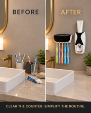 Bathroom counter before and after installing the Automatic Toothpaste Dispenser set