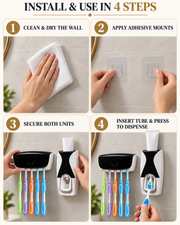 Four steps to install and use the Automatic Toothpaste Dispenser set