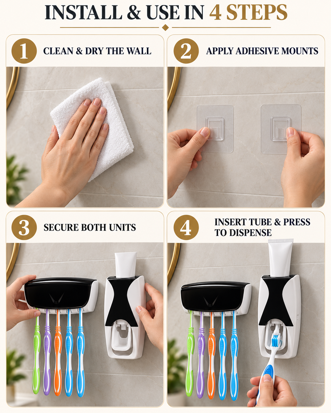 Four steps to install and use the Automatic Toothpaste Dispenser set