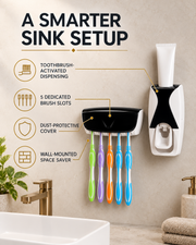 Automatic Toothpaste Dispenser key features including manual press and five brush slots