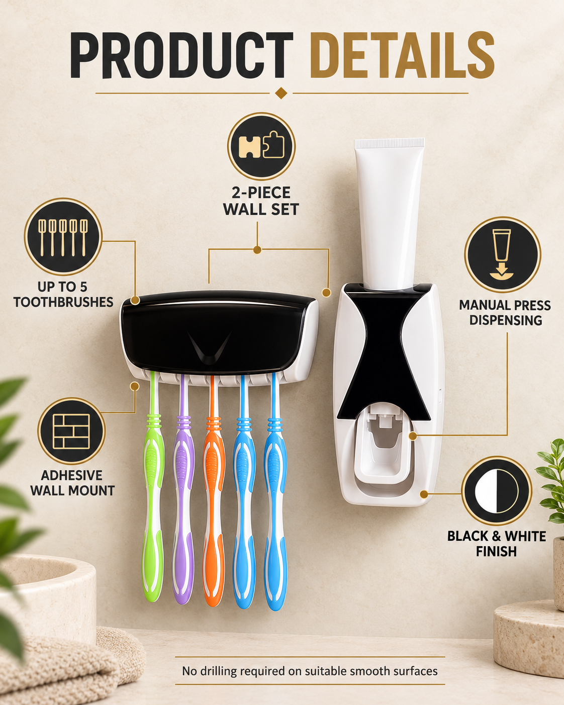 Automatic Toothpaste Dispenser verified product details and two-piece wall set