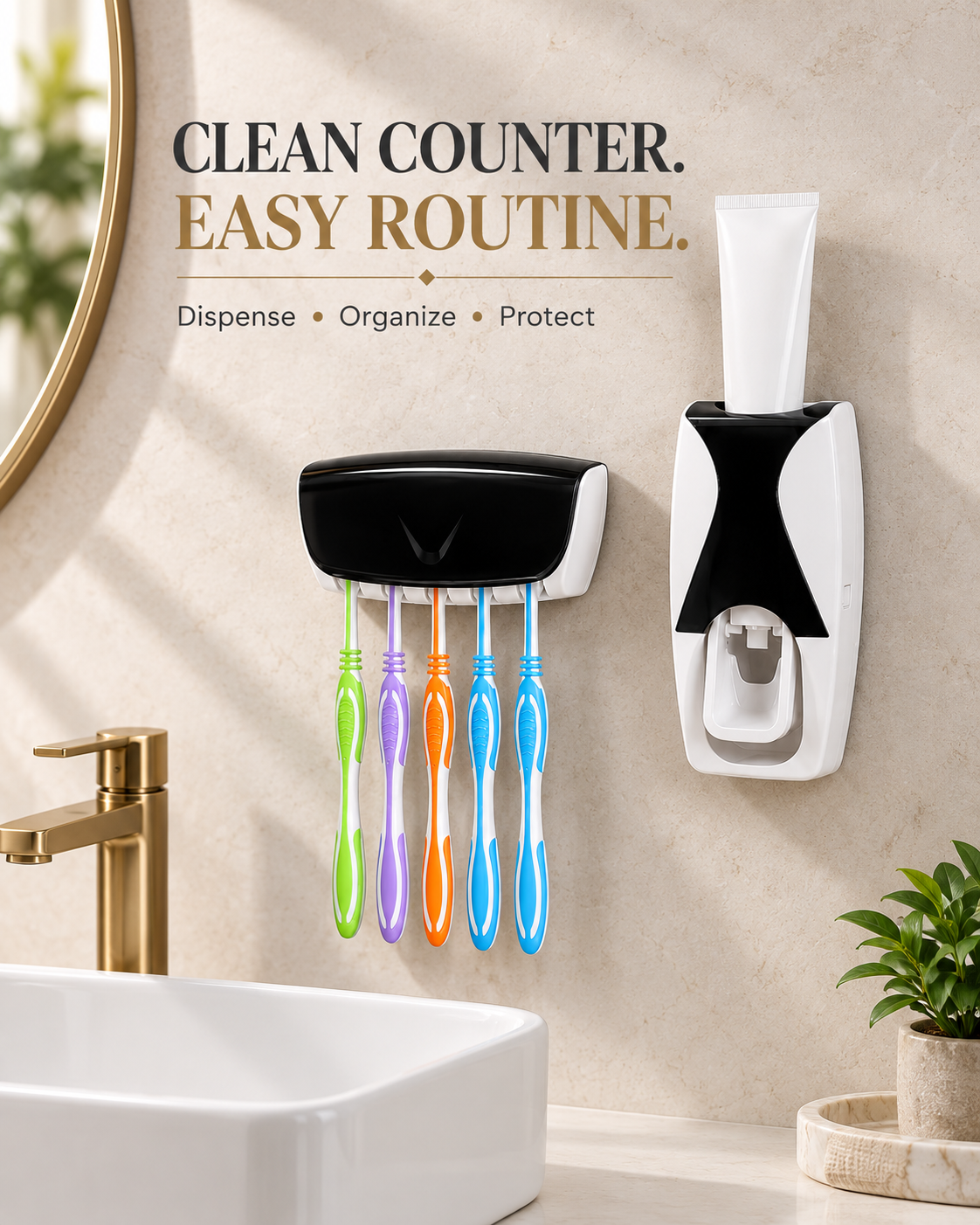 Automatic Toothpaste Dispenser and covered five-slot toothbrush holder product hero
