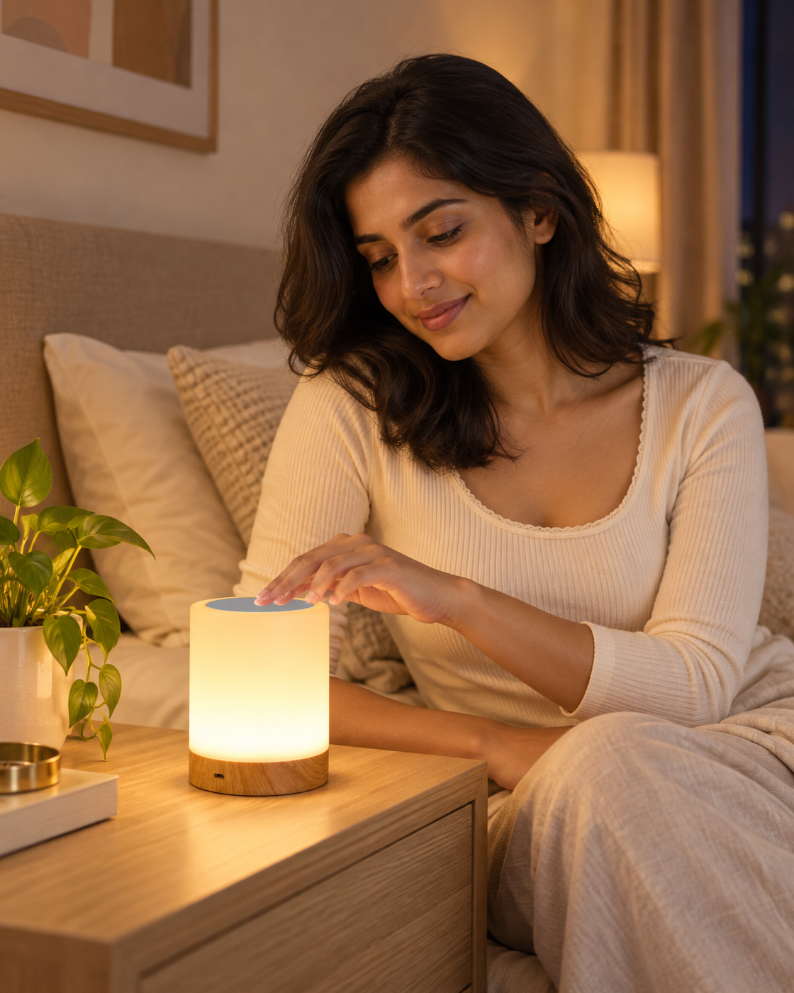 Woman using Calm Touch Lamp on a warm bedside table