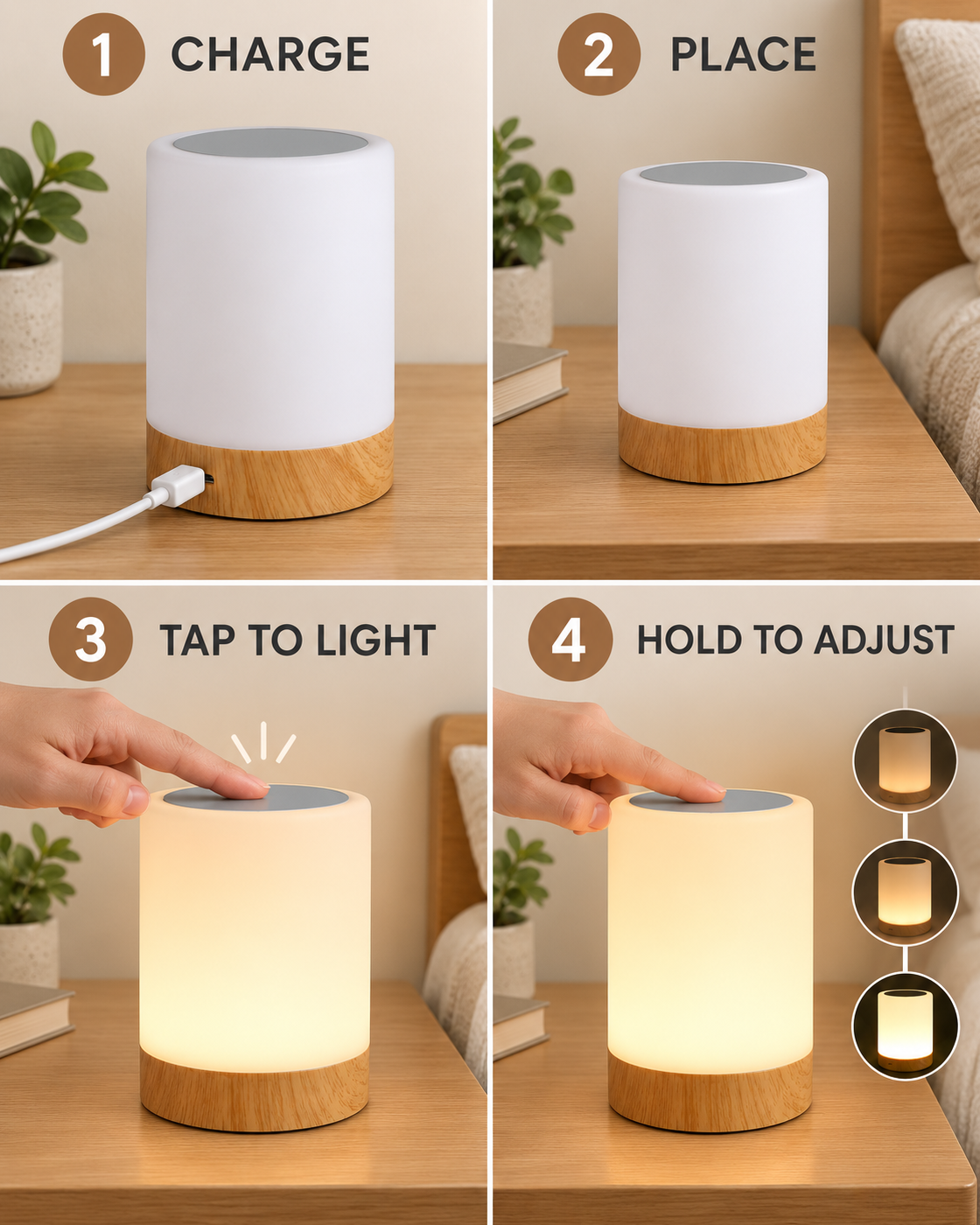 Calm Touch Lamp charging placement touch and brightness steps