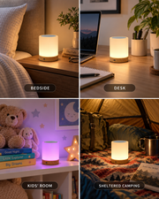 Calm Touch Lamp bedside desk kids room and sheltered camping use cases