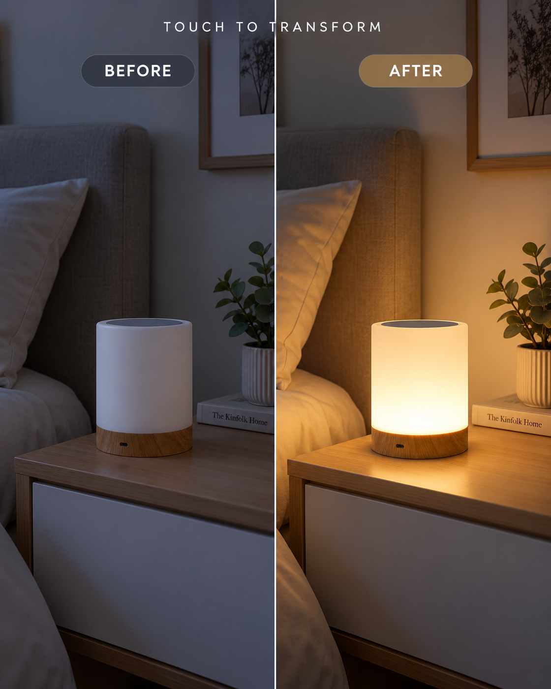 Calm Touch Lamp before and after warm bedroom lighting