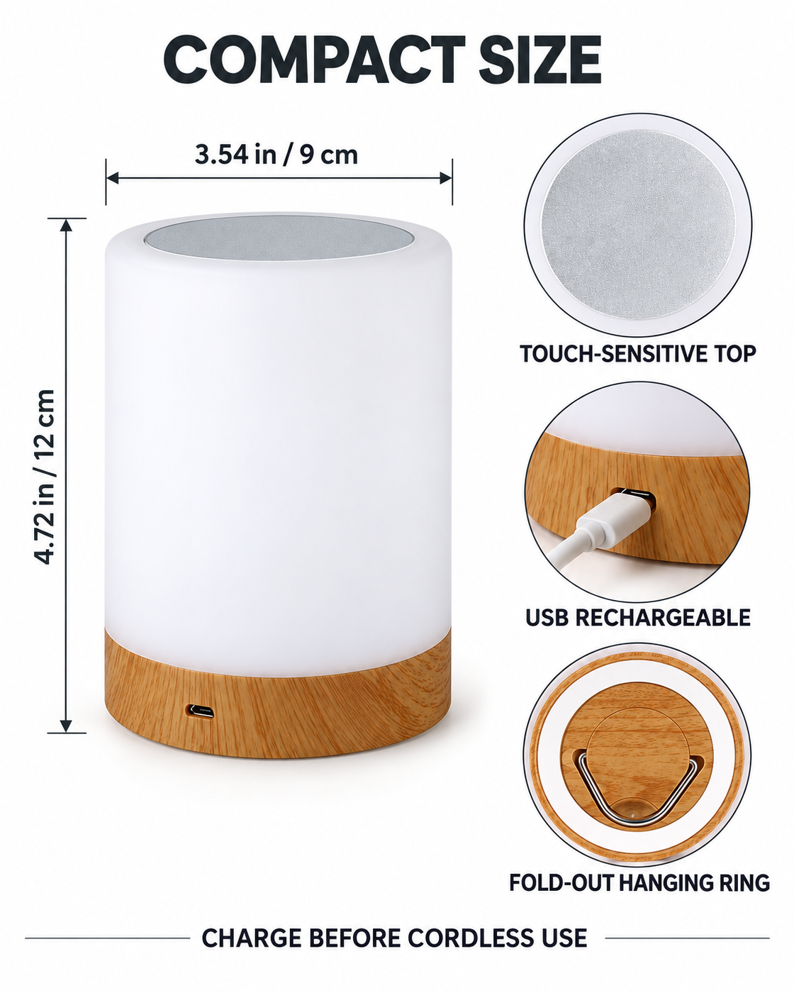 Calm Touch Lamp size charging port touch top and hanging ring