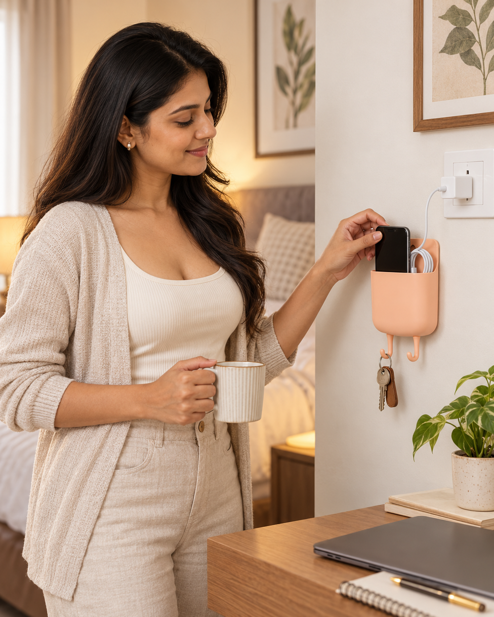 Charge Nest wall organizer with woman at home charging corner