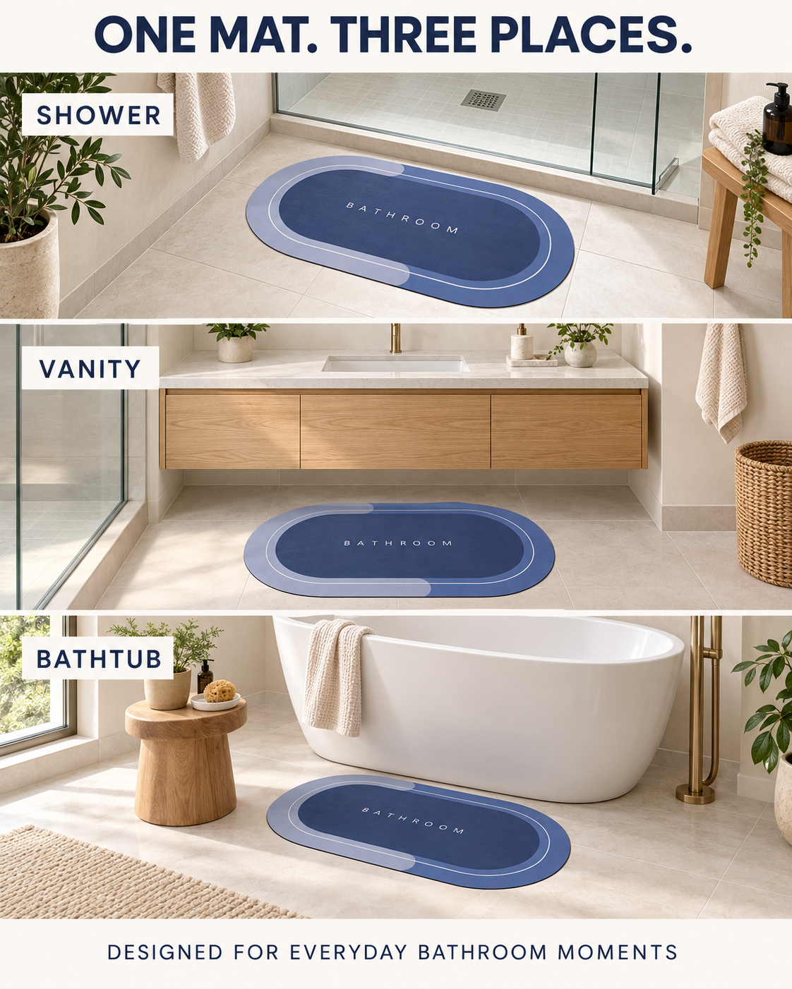Dry Step Bath Mat placed by shower, vanity and bathtub
