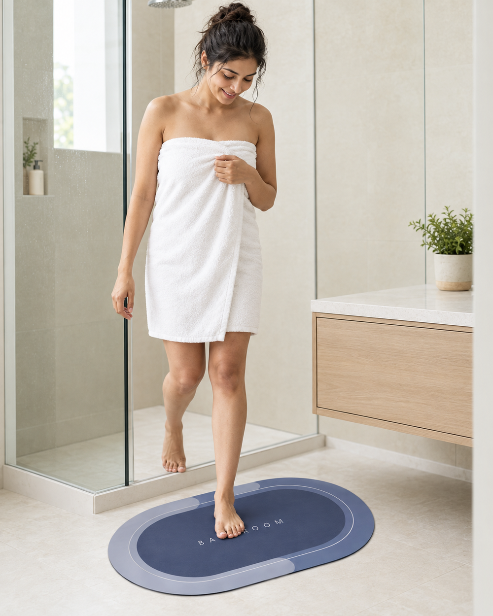 Woman stepping out of a shower onto the Dry Step Bath Mat
