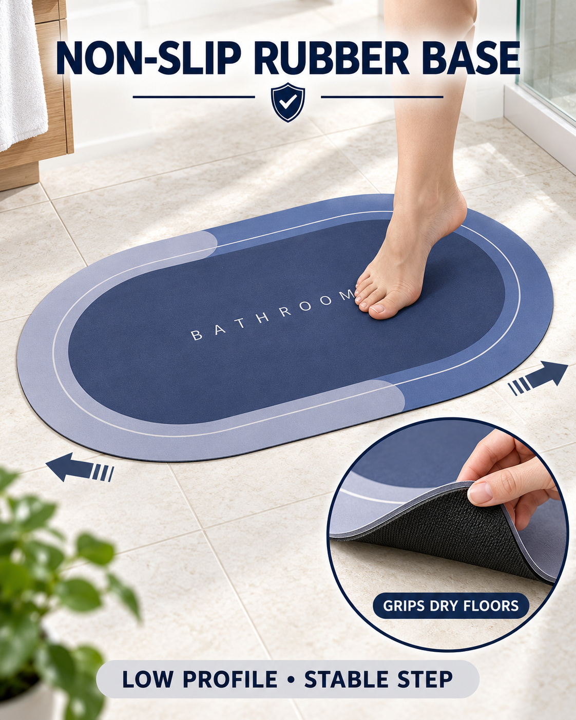 Dry Step Bath Mat non-slip rubber bottom and stable grip