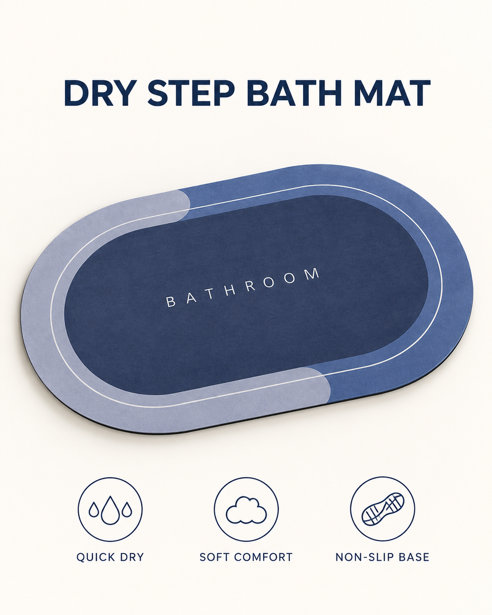 Dry Step Bath Mat product hero showing the exact navy and grey capsule design