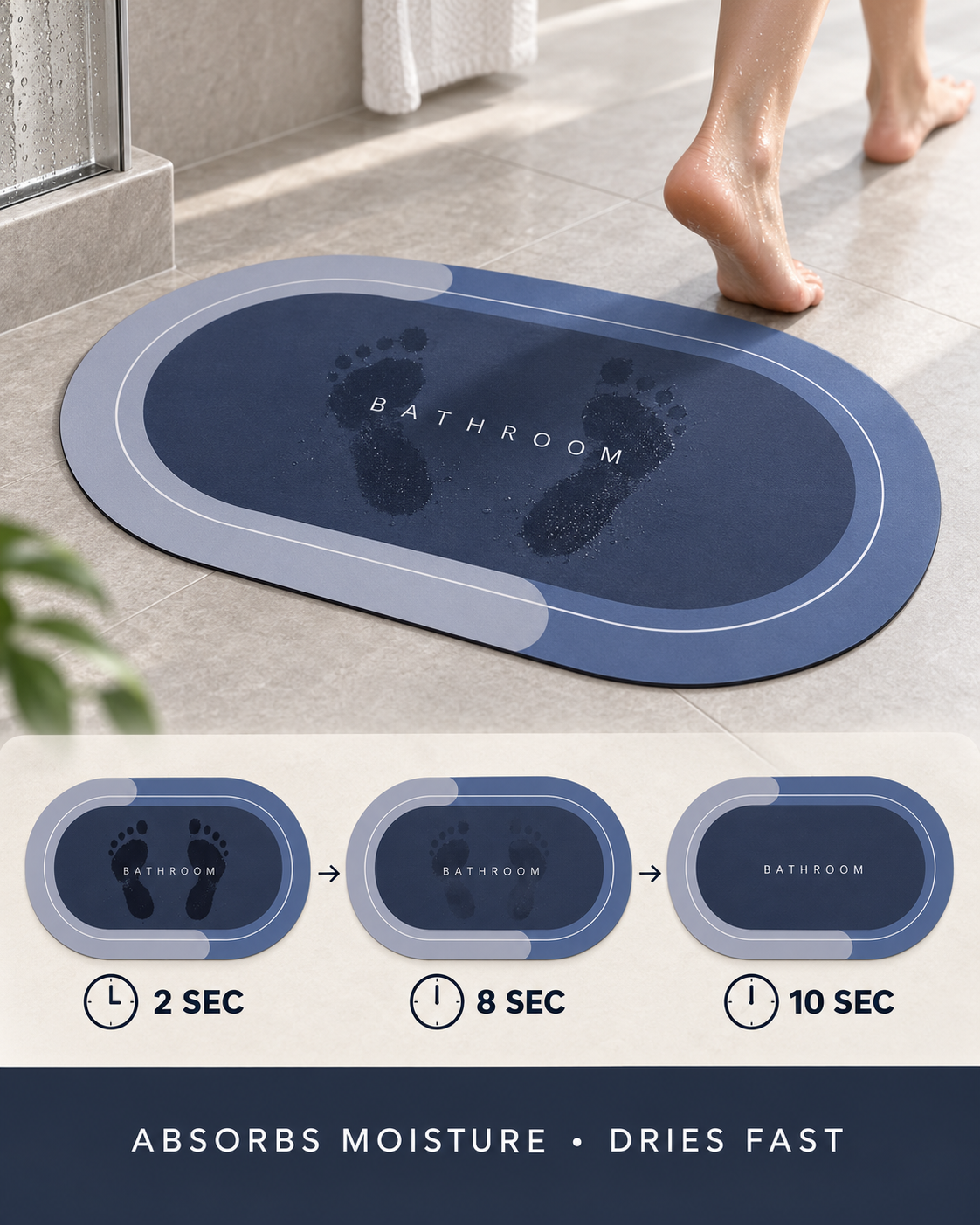 Dry Step Bath Mat quick drying performance at 2, 8 and 10 seconds