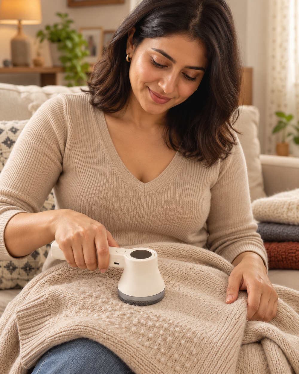 Woman using Fabric Renew Shaver on a pilled knit sweater