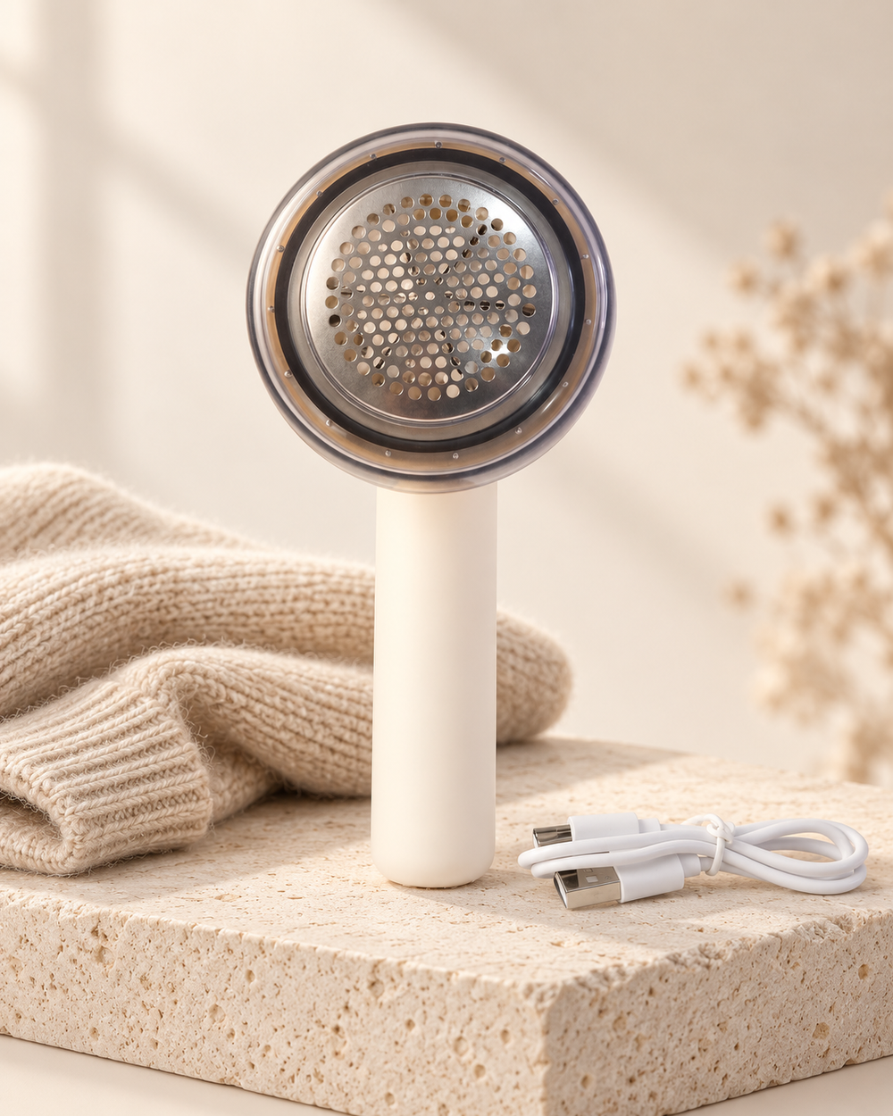 Fabric Renew Shaver premium product hero with USB-C cable