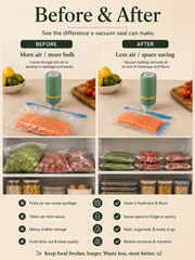 FreshVac Sealer before and after vacuum storage comparison showing reduced air and more compact storage