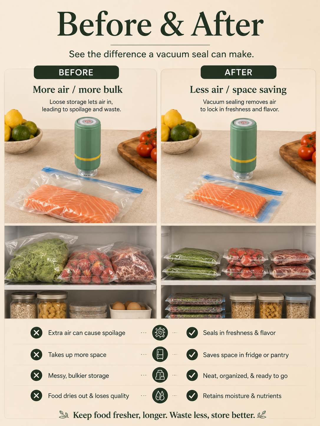 FreshVac Sealer before and after vacuum storage comparison showing reduced air and more compact storage