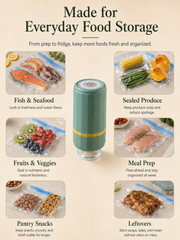 FreshVac Sealer food storage use cases for meal prep, produce, snacks, seafood and leftovers