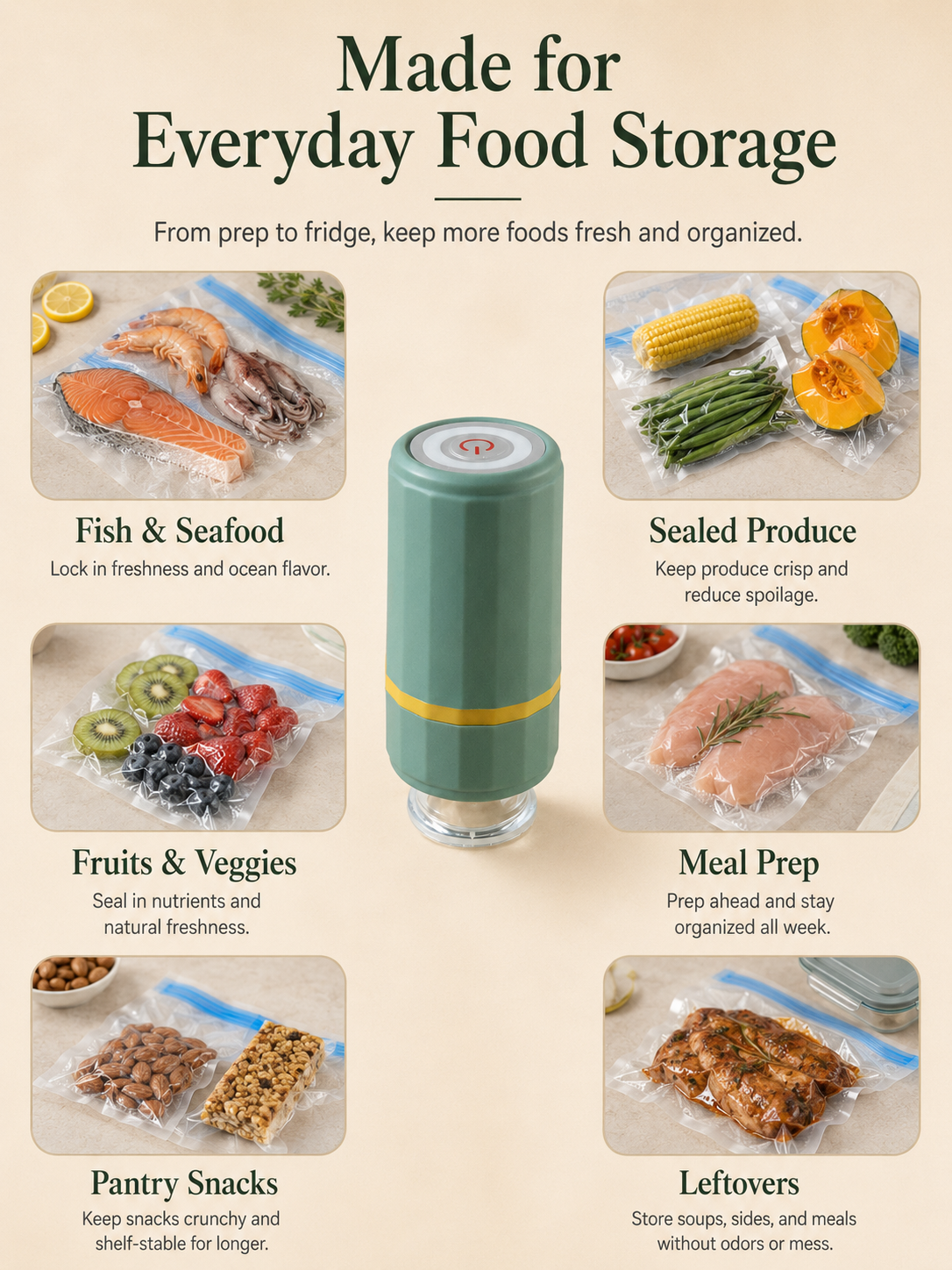 FreshVac Sealer food storage use cases for meal prep, produce, snacks, seafood and leftovers