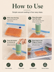 FreshVac Sealer four-step how-to-use guide for compatible vacuum storage bags