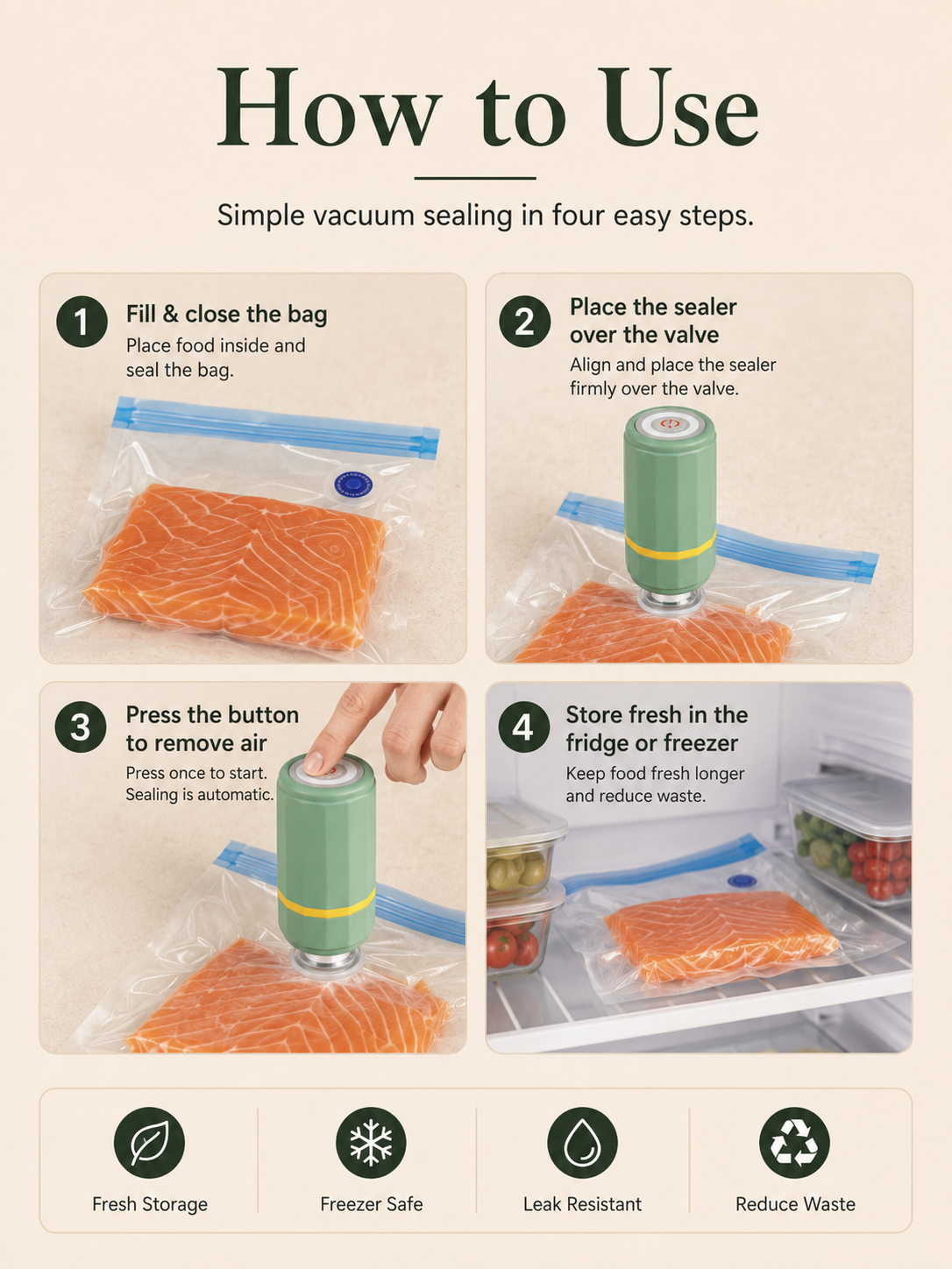 FreshVac Sealer four-step how-to-use guide for compatible vacuum storage bags