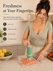 Woman using FreshVac Sealer for food storage in a warm beige kitchen