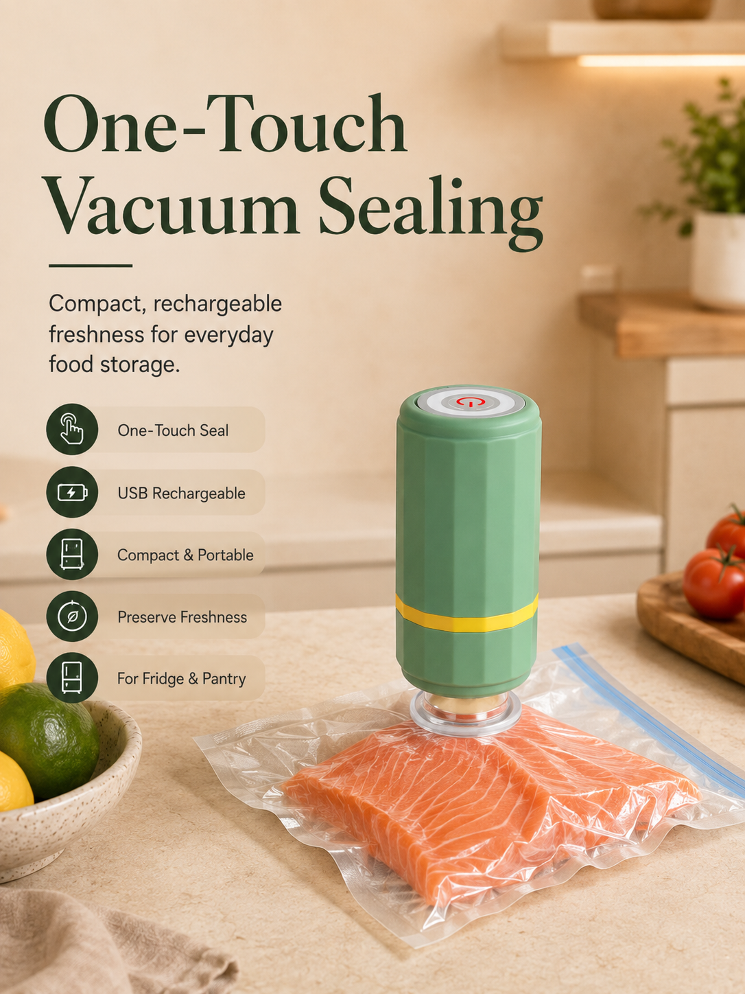 FreshVac Sealer one-touch vacuum sealing hero image in beige kitchen style