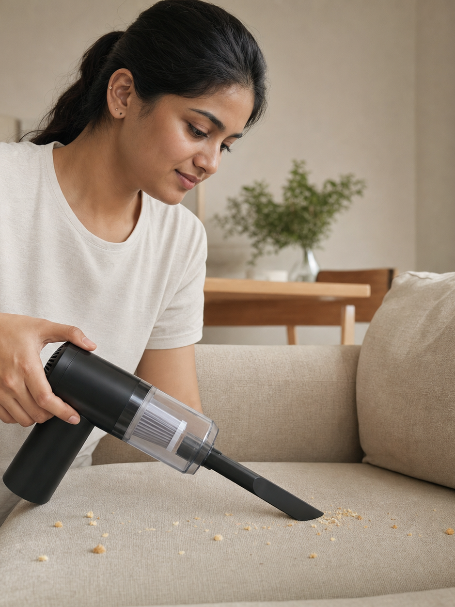 Woman using the GOMANBY 3-in-1 cordless handheld vacuum to clean crumbs from a beige sofa