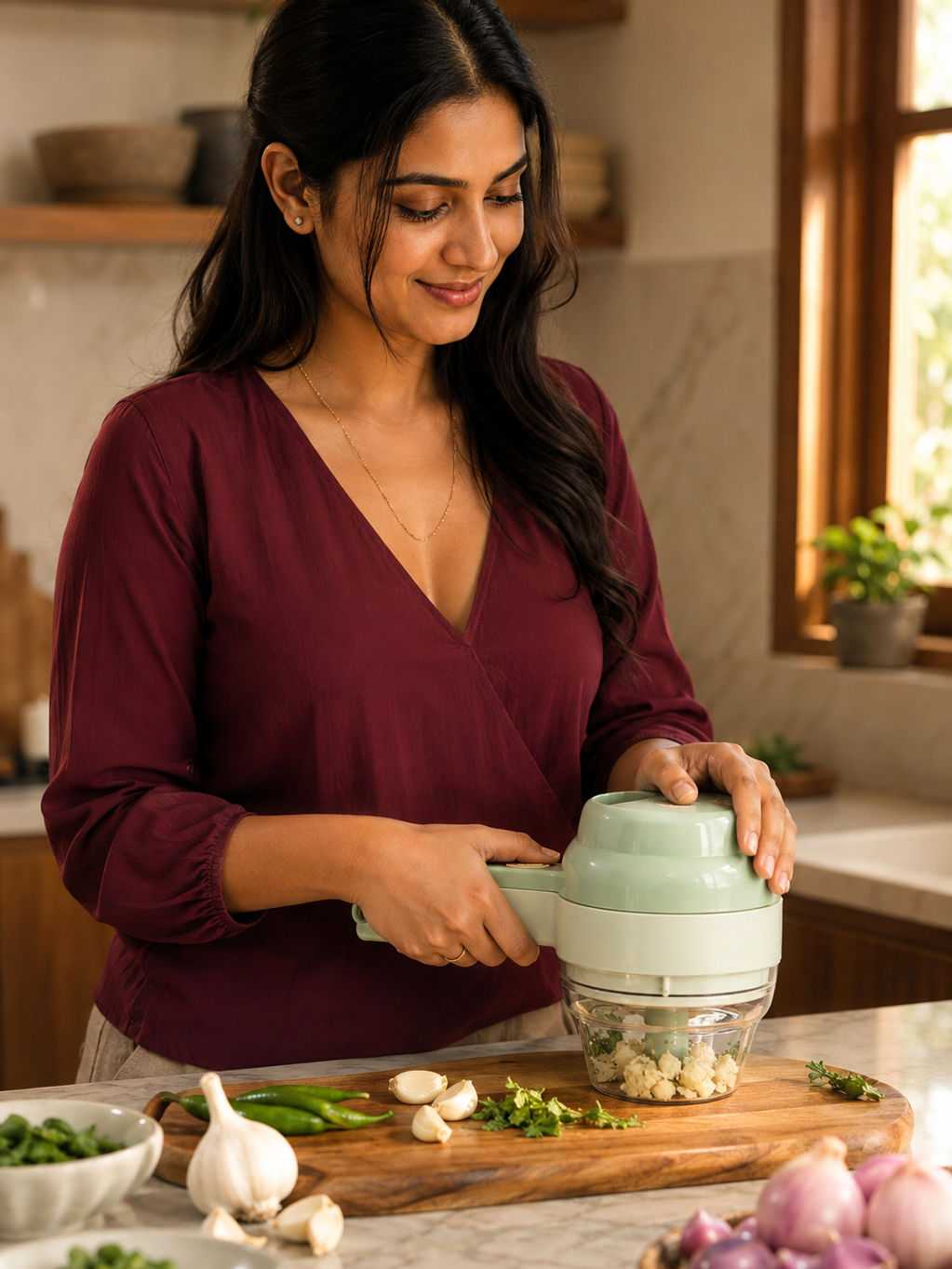 Woman using GOMANBY 4 in 1 Electric Vegetable Cutter