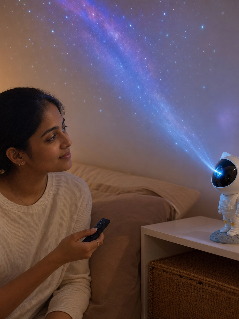Woman using the remote for the GOMANBY astronaut galaxy projector in a softly lit bedroom