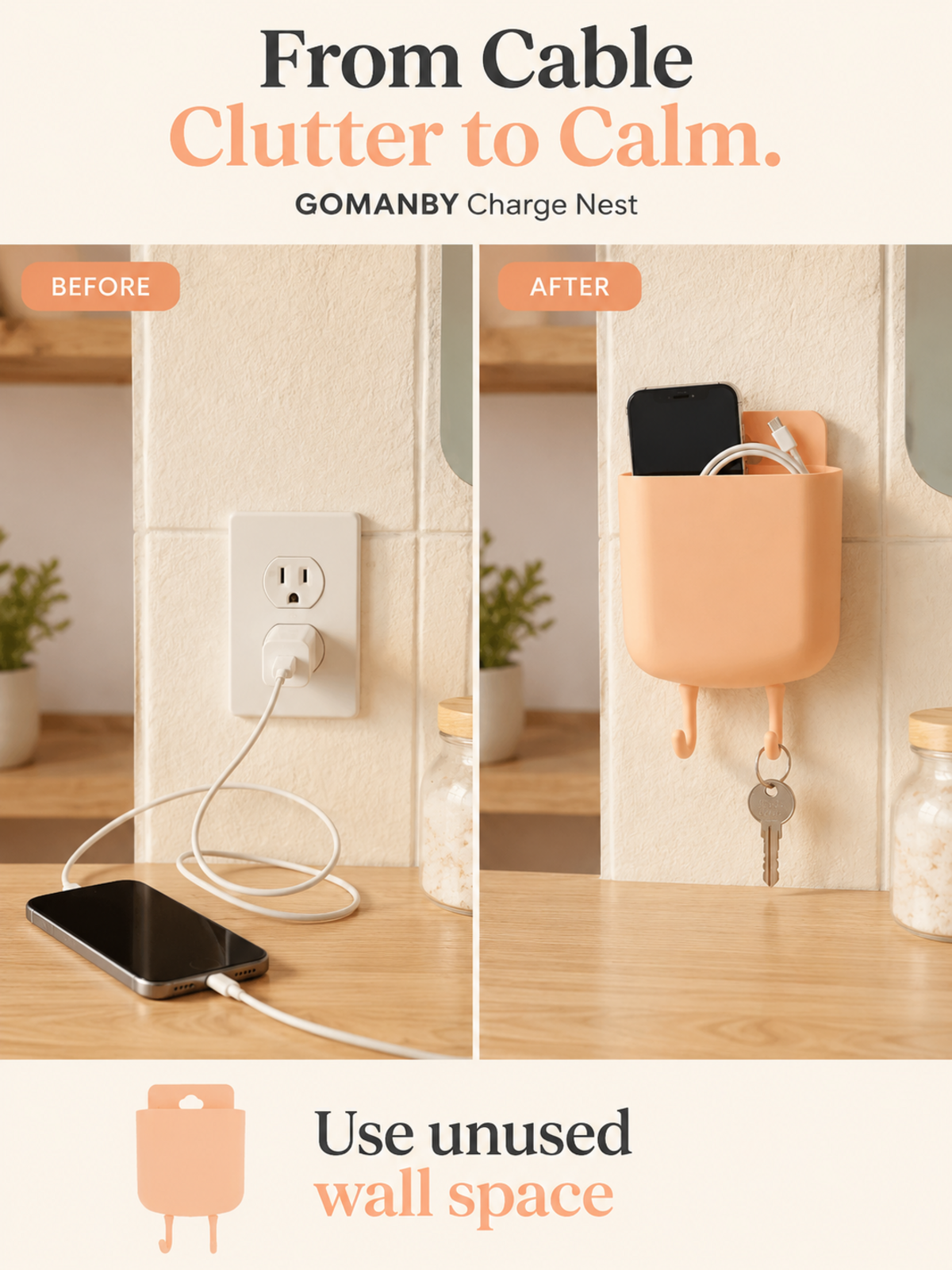 Charge Nest cable clutter before and after