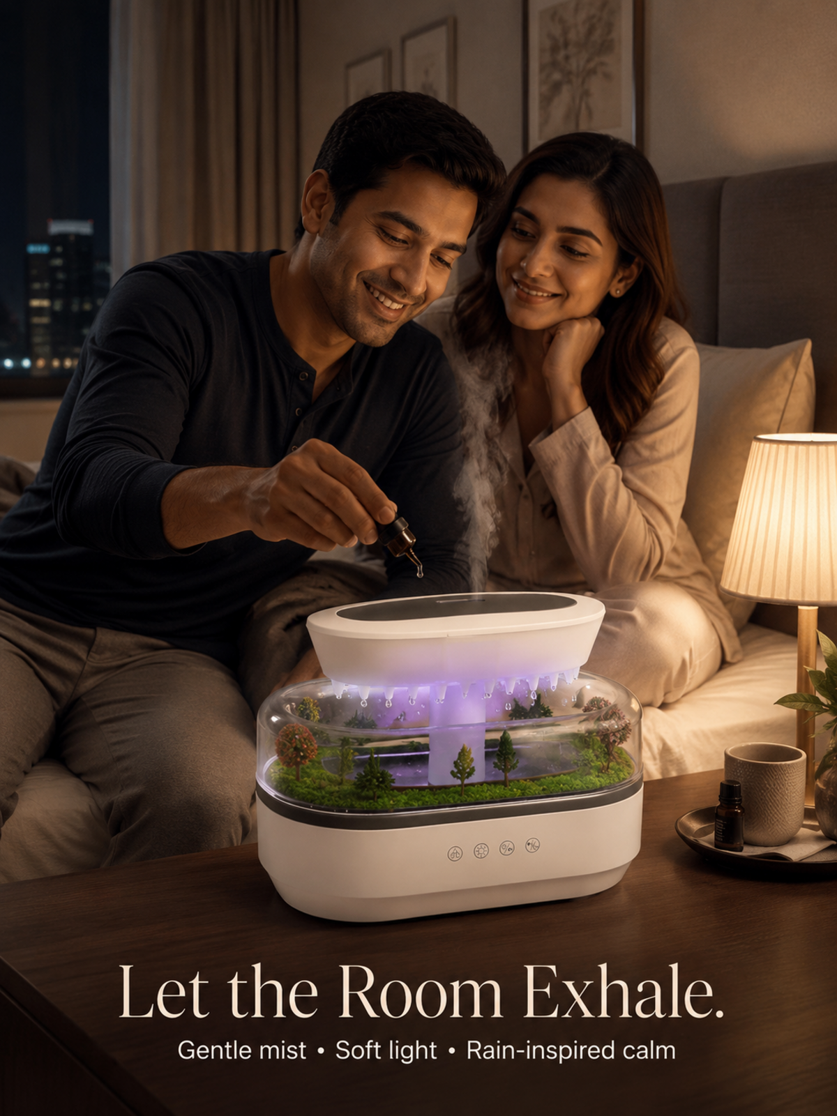Rain Calm Diffuser couple bedroom night lifestyle