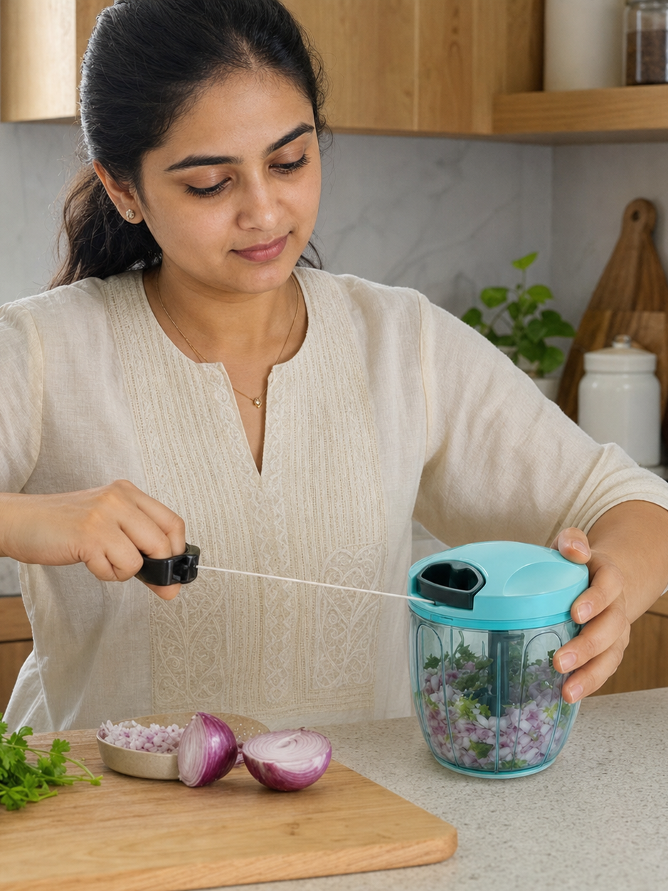 Woman using the GOMANBY manual pull-cord food chopper to prepare onion and herbs in a warm kitchen