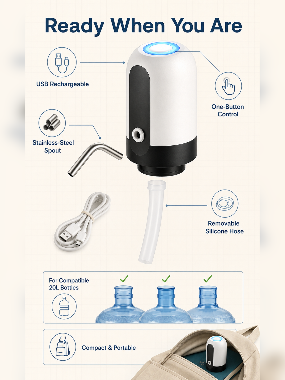 EasyPour Pump charging accessories and compatibility features
