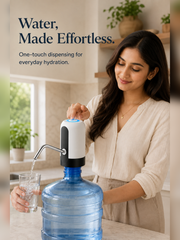 Woman using EasyPour Pump for one-touch water dispensing in a modern kitchen